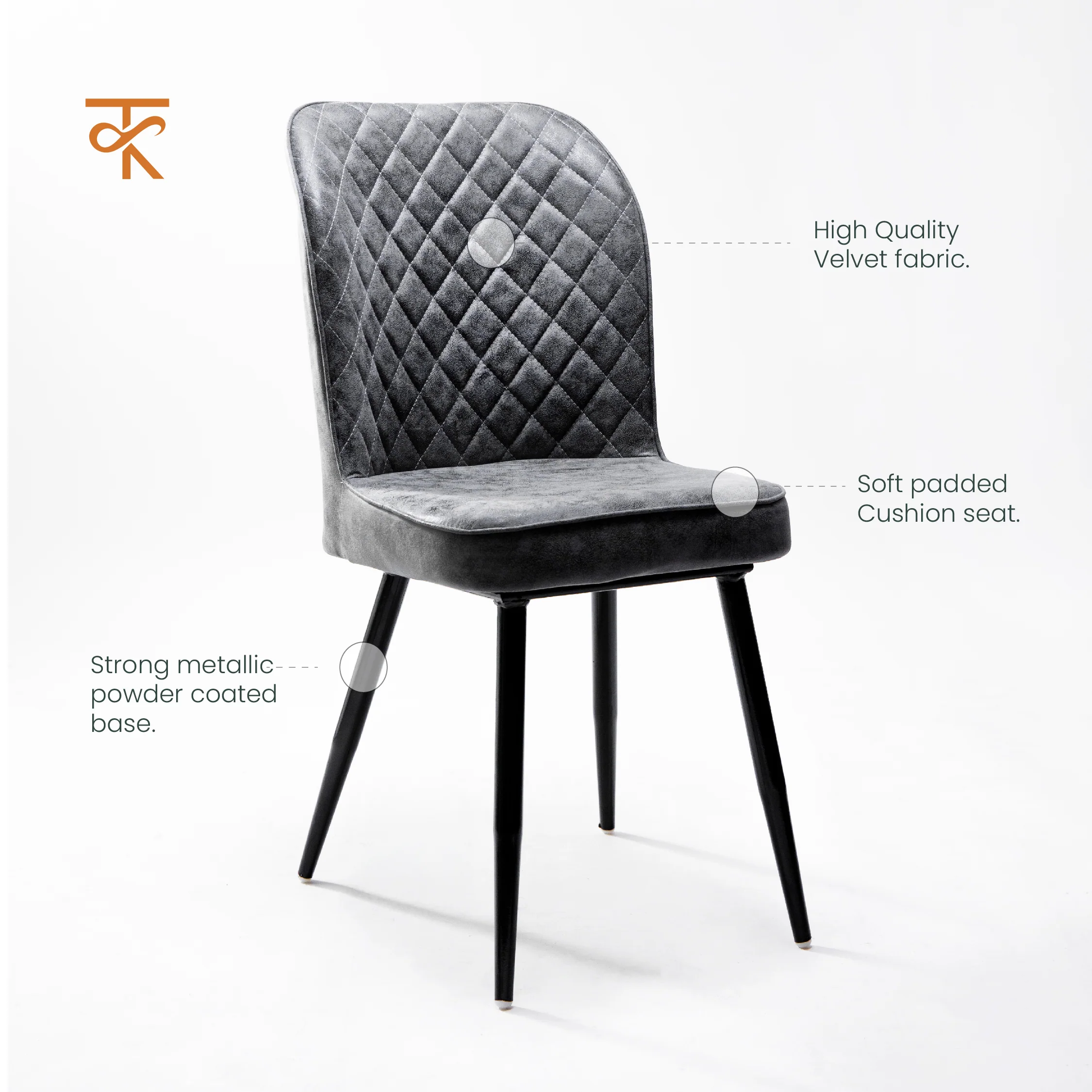 Barfi Chair - Modern Velvet Accent Chair for Living Room, Bedroom & Dining with Heavy-Duty Rose Gold Legs ,6 Months Warranty , Grey (Pack of 1) - Image 4
