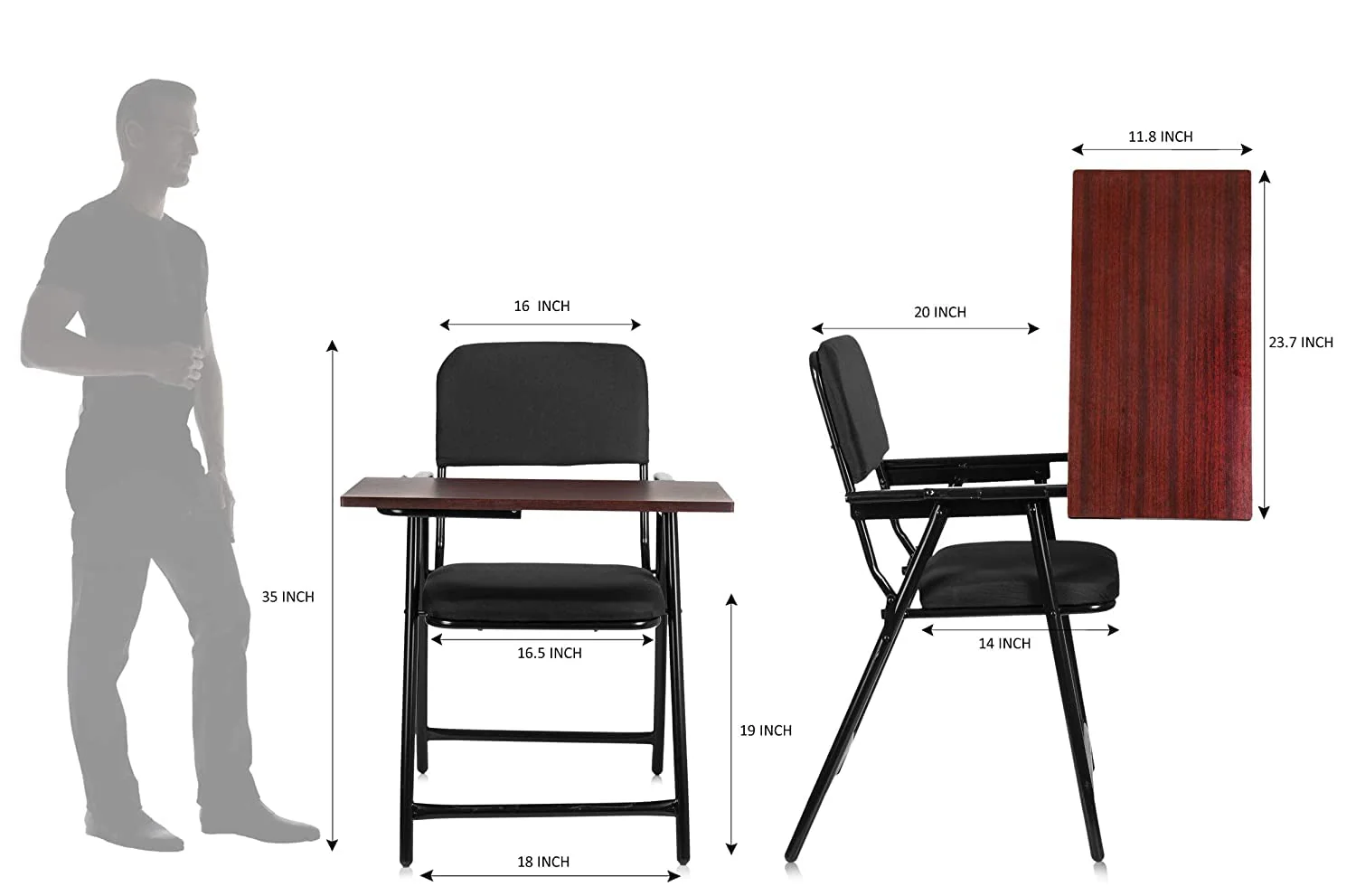 Folding Study Chair with Writing Pad & Cushion , with Heavy Duty Metal Ergonomic, Compact Reading Chair for Students & Adults , 6-Month Warranty (Black) - Image 3