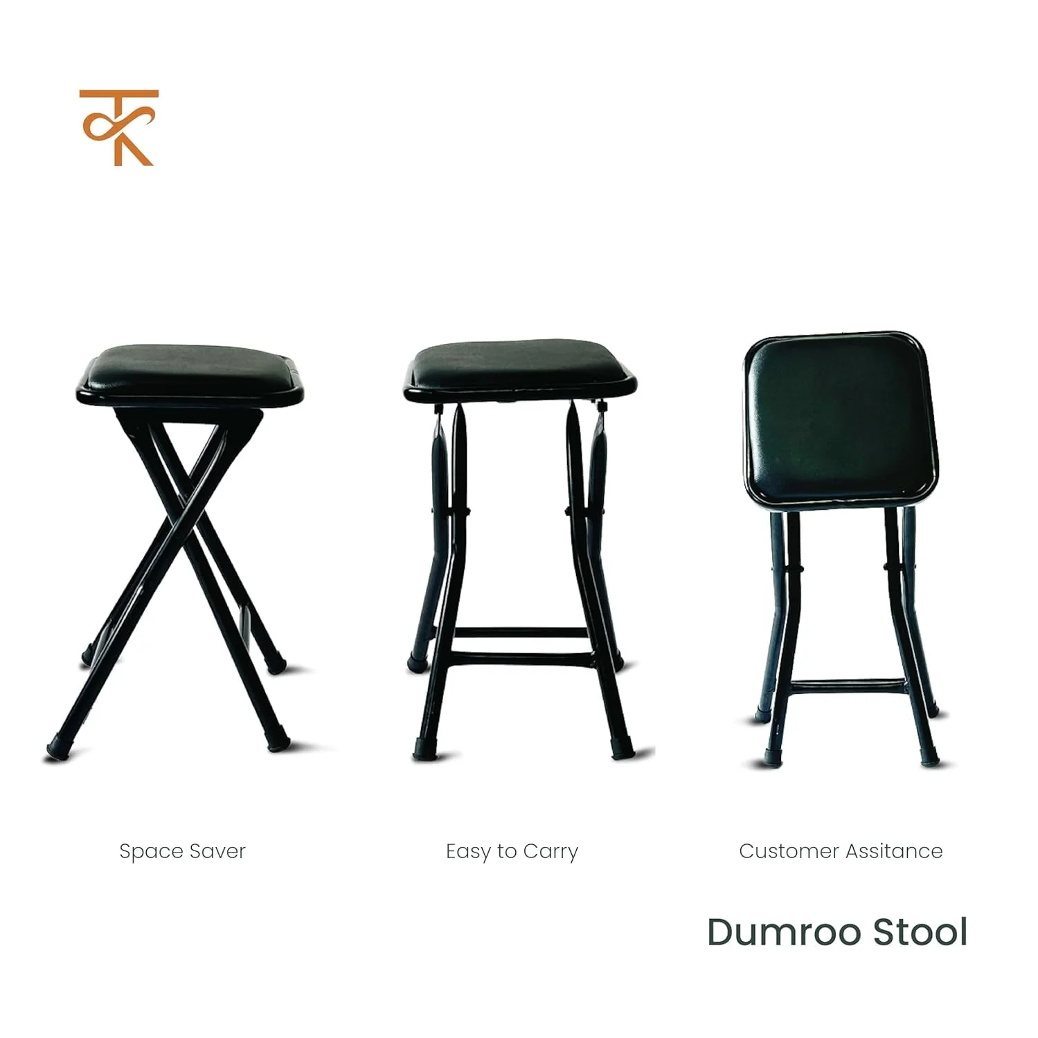 Dumroo Folding Stool with Black Cushioned Seat, Heavy-Duty Black Metal Legs, Collapsible Stool for Office, Dorm, Game Room - 6 Months Warranty (Pack of 1) - Image 4
