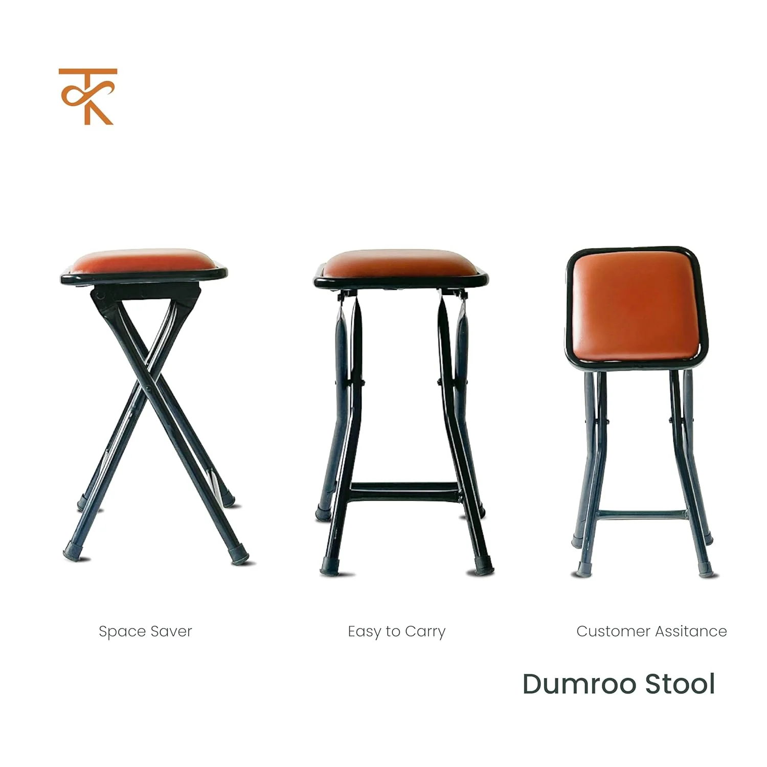 Dumroo Folding Stool with Brown Cushioned Seat, Heavy-Duty Black Metal Legs, Collapsible Stool for Office, Dorm, Game Room - 6 Months Warranty (Pack of 1) - Image 4