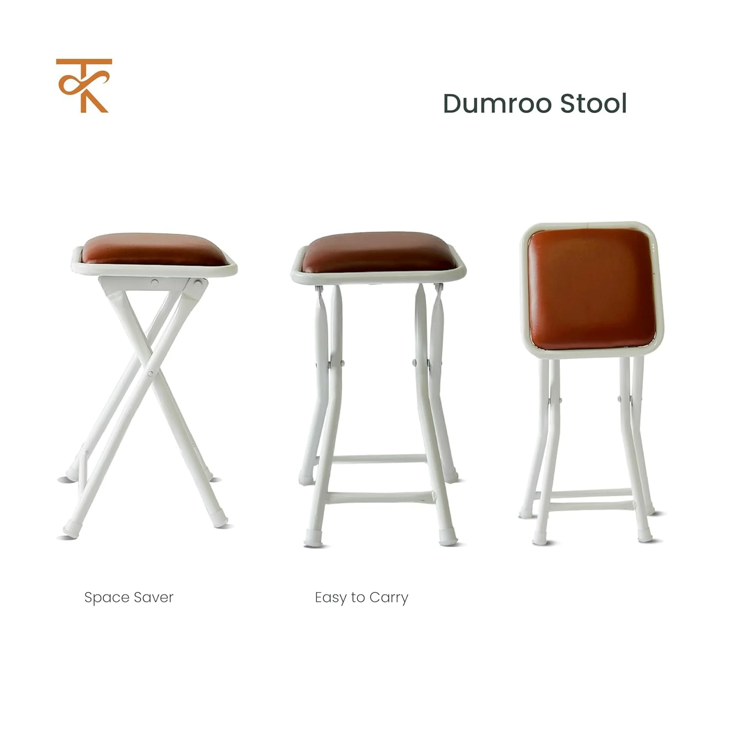 Dumroo Folding Stool with Brown Cushioned Seat, Heavy-Duty White Metal Legs, Collapsible Stool for Office, Dorm, Game Room - 6 Months Warranty (Pack of 1) - Image 4
