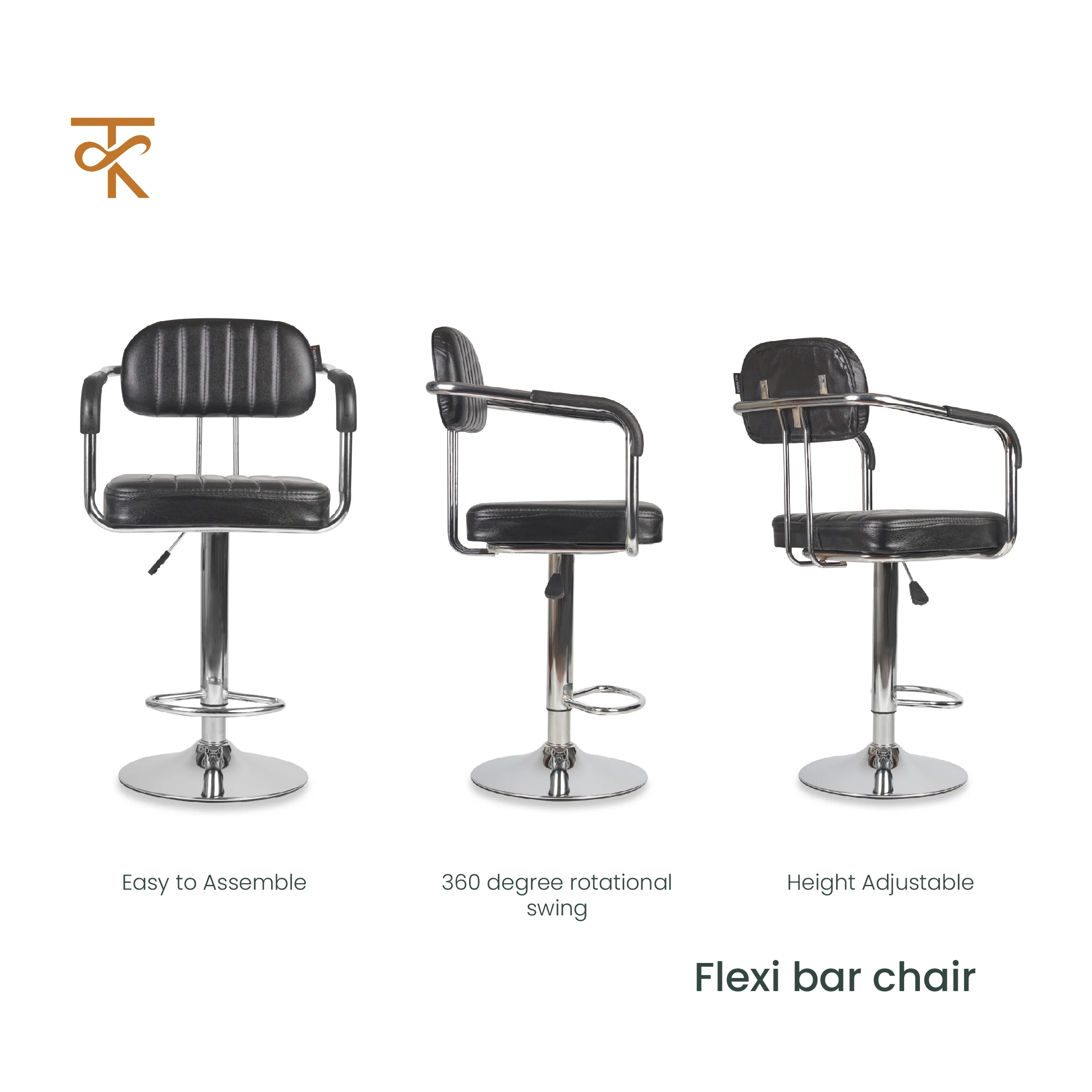 Flexi Bar Chair- Modern Adjustable Height Barstool with 360° Swivel Seat & Footrest - For Home Kitchen, Cafe ,6 Month Warranty Black (Pack of 1) - Image 4