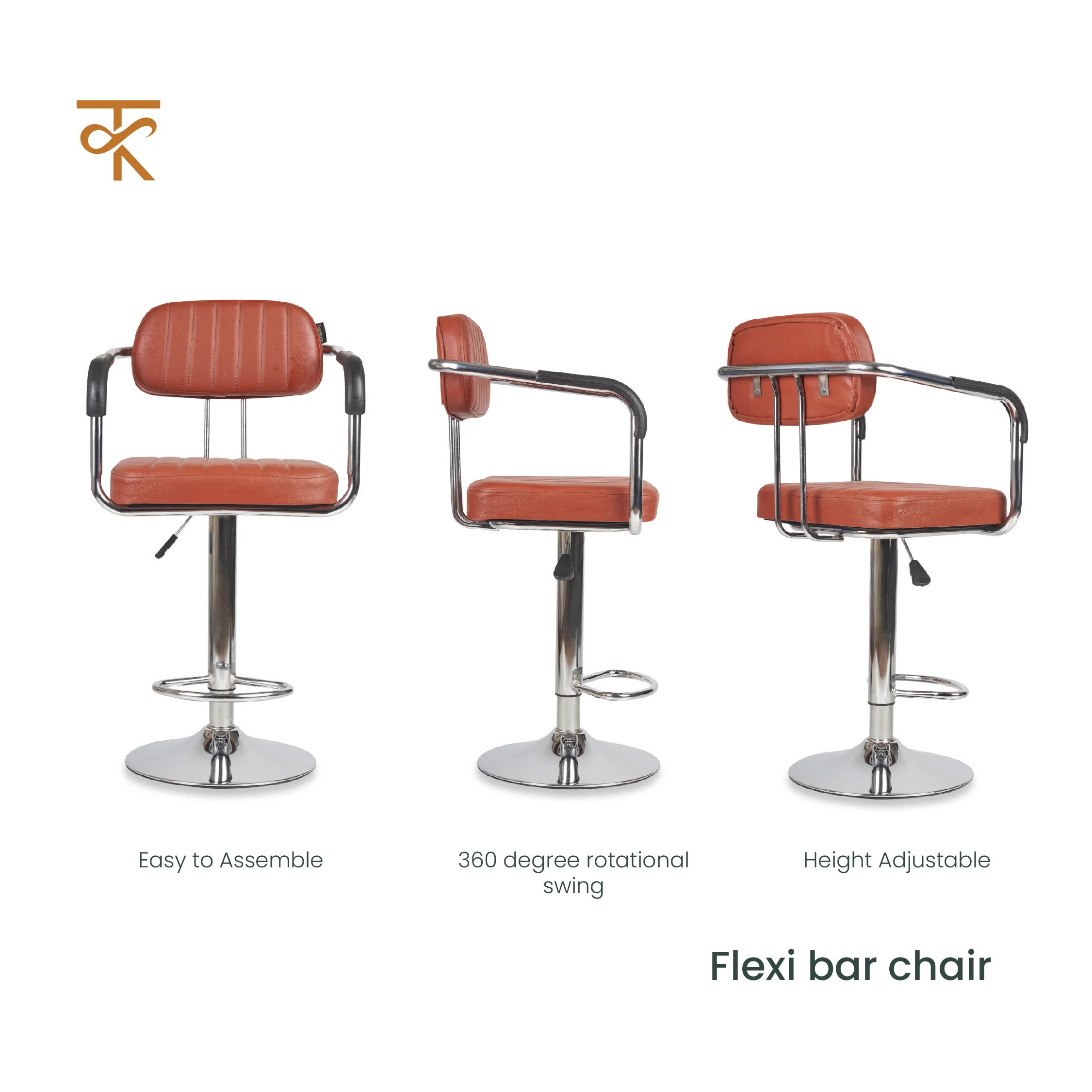 Flexi Bar Chair- Modern Adjustable Height Barstool with 360° Swivel Seat & Footrest - For Home Kitchen, Cafe , 6 Month Warranty Brown (Pack of 1) - Image 5