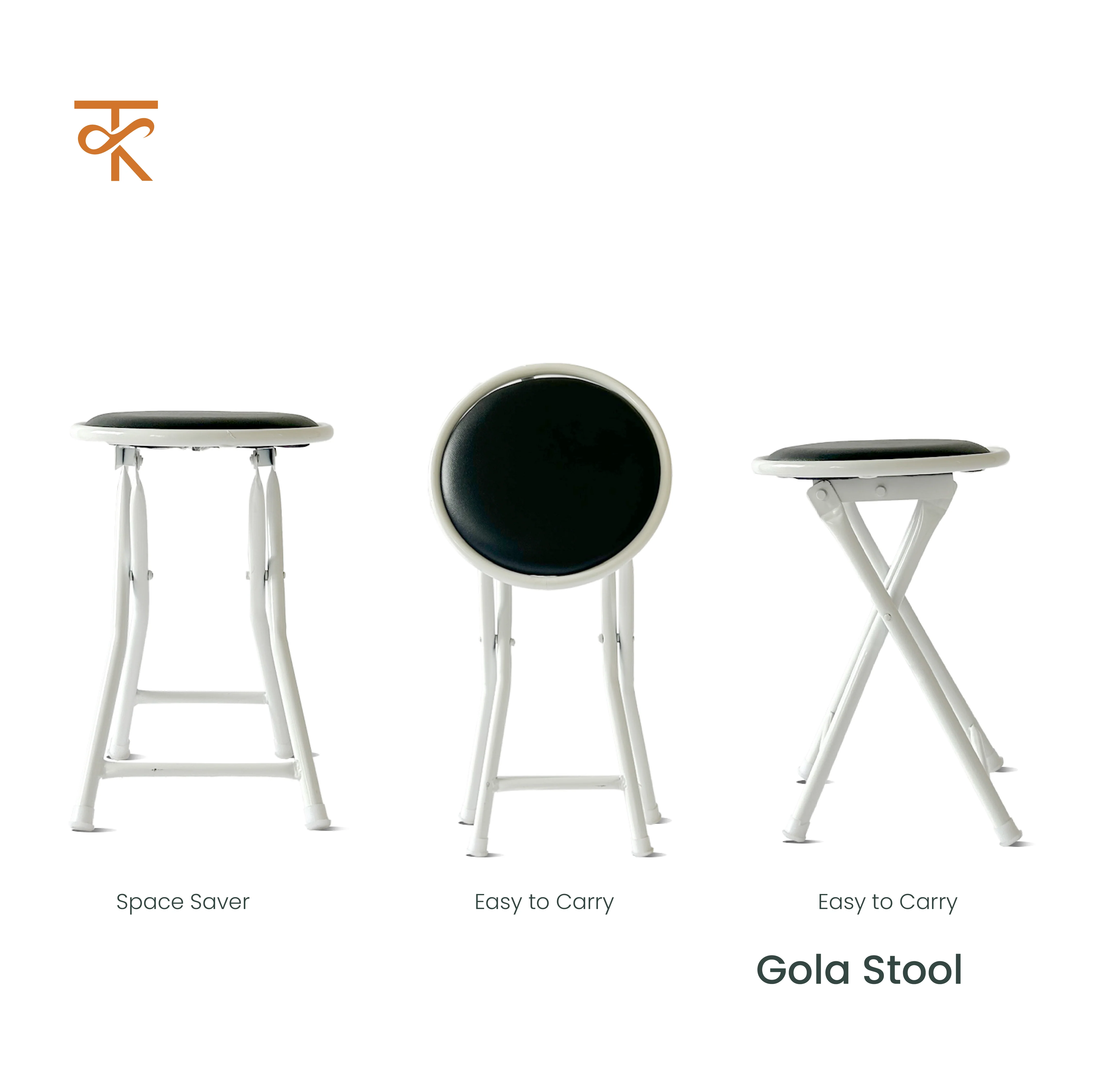Round Folding Stool with Black Cushioned Seat, Heavy-Duty White Metal Legs, Collapsible Stool for Office, Dorm, Game Room - 6 Months Warranty (Pack of 2) - Image 4