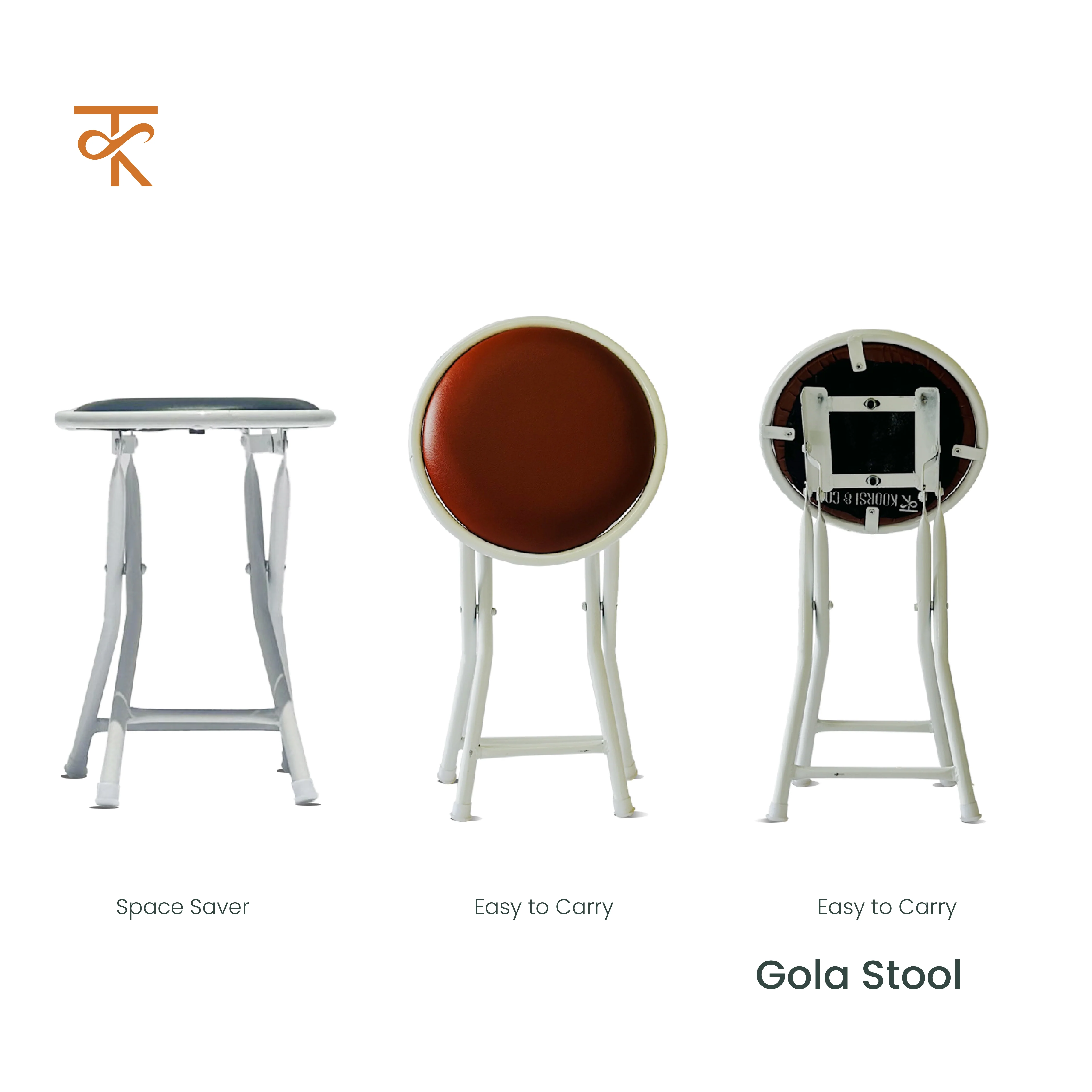 Round Folding Stool with Brown Cushioned Seat, Heavy-Duty White Metal Legs, Collapsible Stool for Office, Dorm, Game Room - 6 Months Warranty (Pack of 2) - Image 4