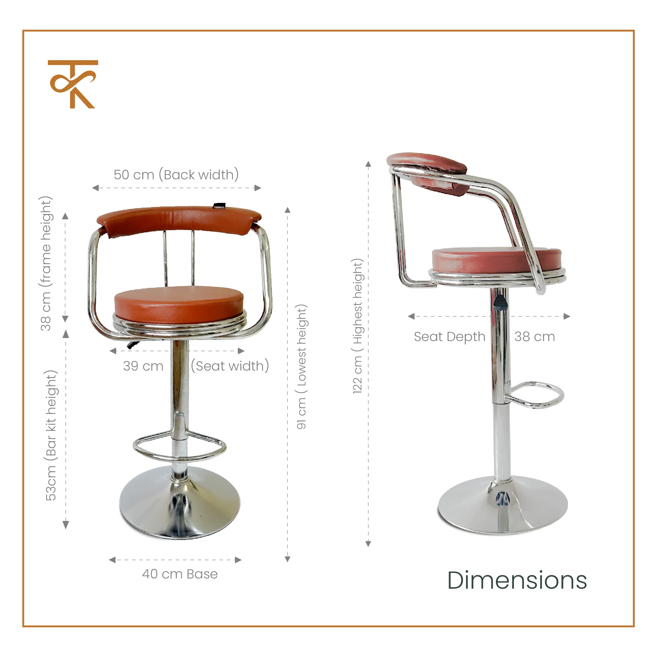 KBC Bar Chair – Adjustable High Barstool with 360° Swivel, Leatherette Upholstery & Chrome Base – For Kitchen, Pubs, Office– 6 Months Warranty-Brown (Pack of 1) - Image 3