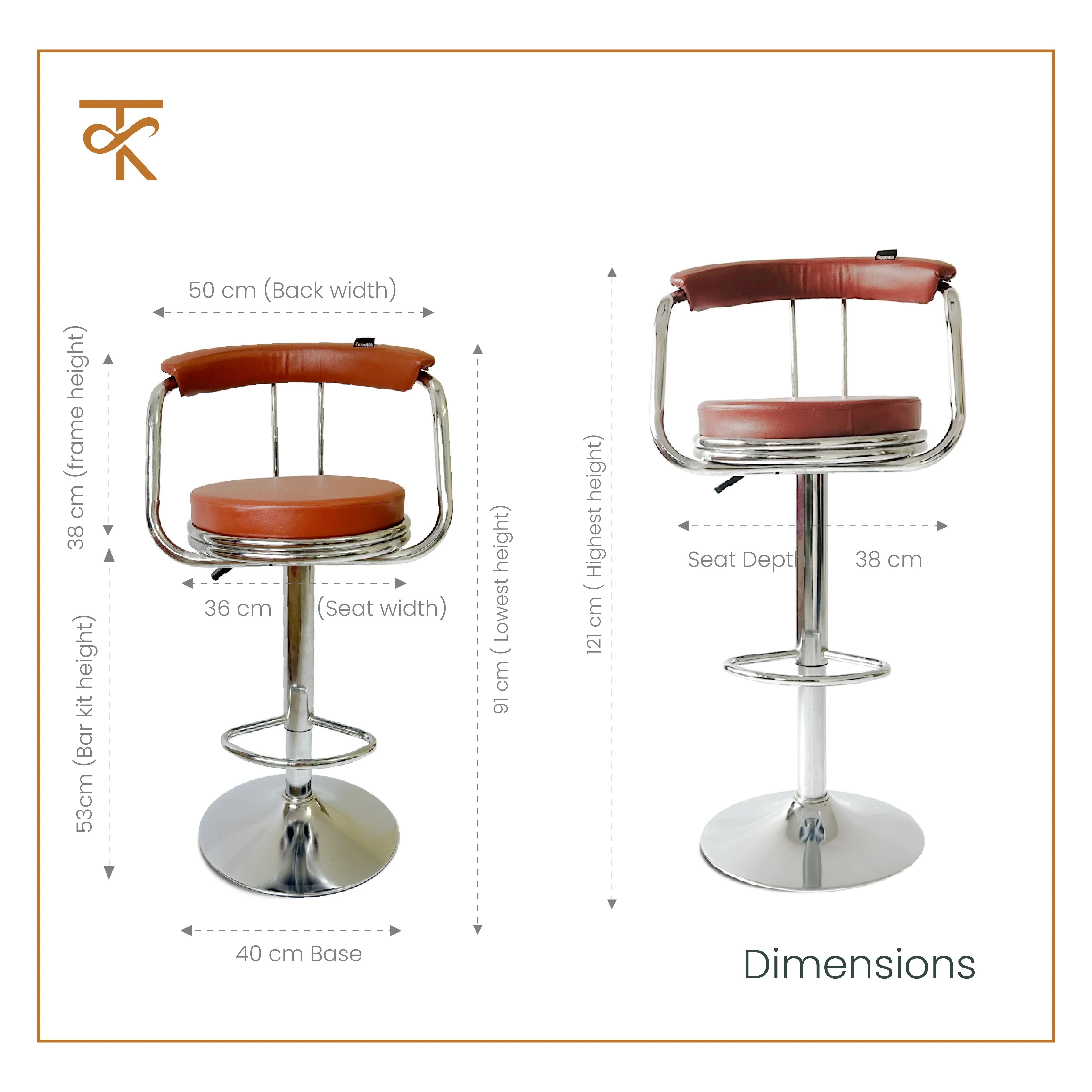 KBC Bar Chair – Adjustable High Barstool with 360° Swivel, Leatherette Upholstery & Chrome Base – For Kitchen, Pubs, Office – 6 Months Warranty Brown (Pack of 2) - Image 3