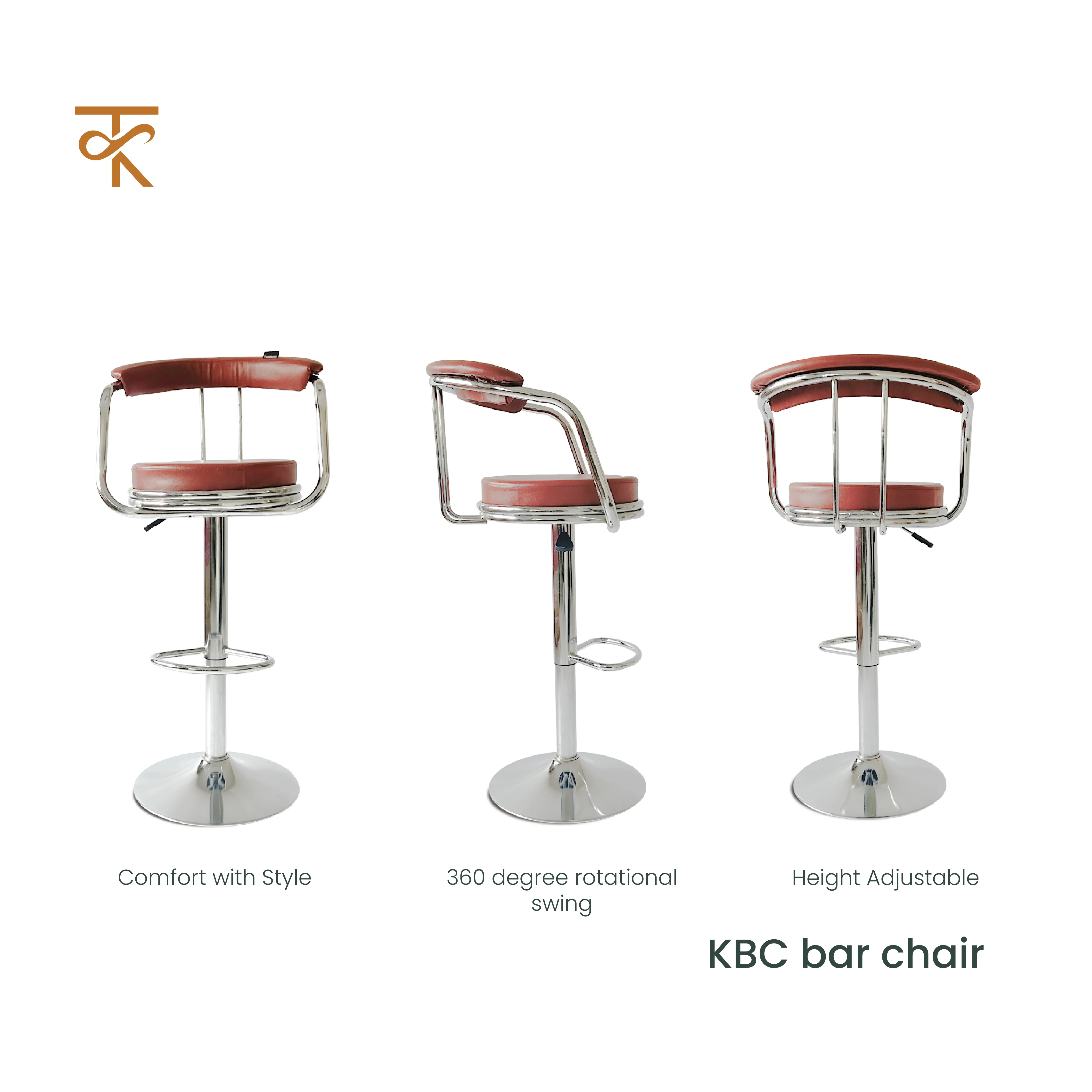 KBC Bar Chair – Adjustable High Barstool with 360° Swivel, Leatherette Upholstery & Chrome Base – For Kitchen, Pubs, Office– 6 Months Warranty-Brown (Pack of 1) - Image 4