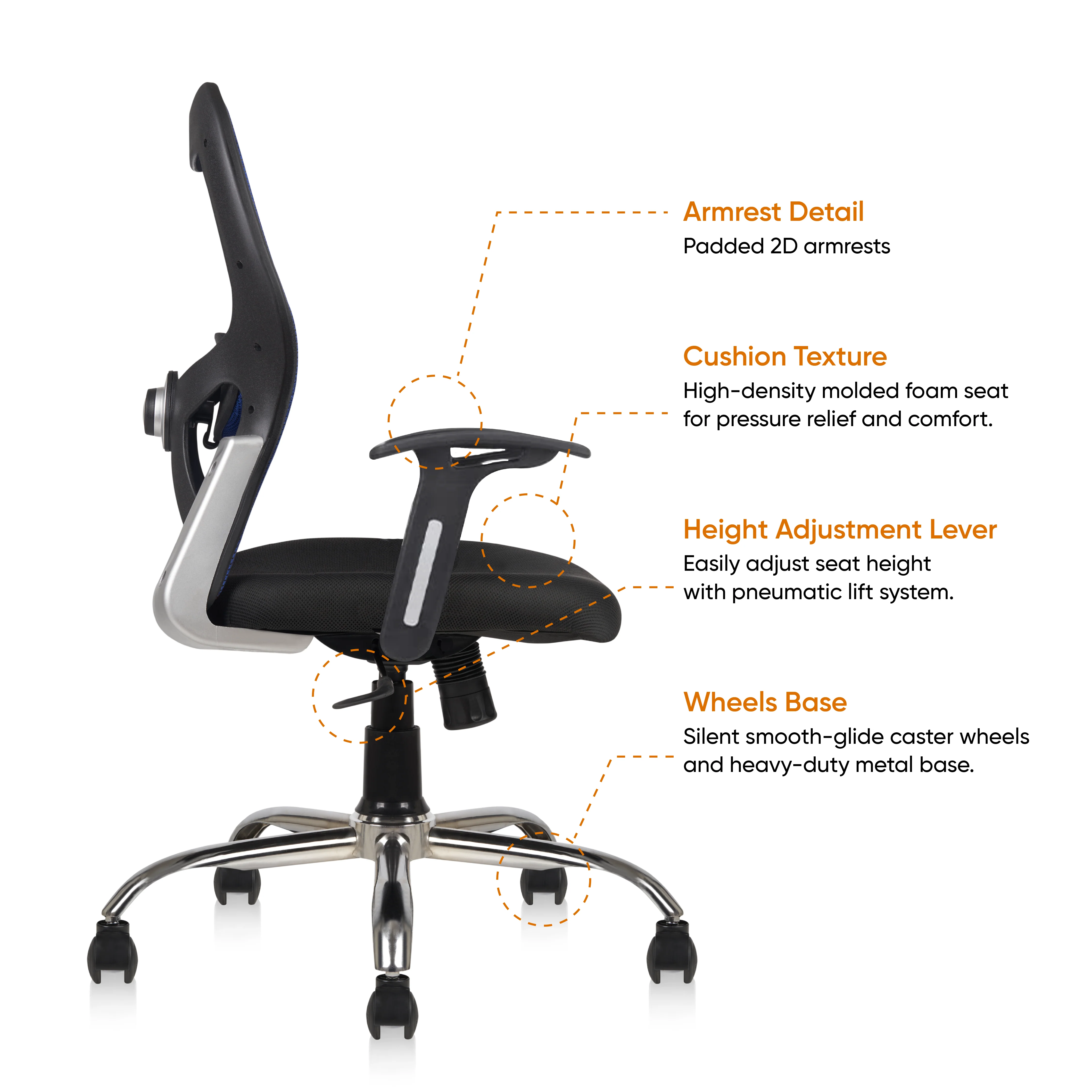 Matrix Mid Back Mesh Office Chair - Ergonomic with Fixed Armrest & Tilt Lock, Height Adjustable, 6 Months Warranty (Black) - Image 4