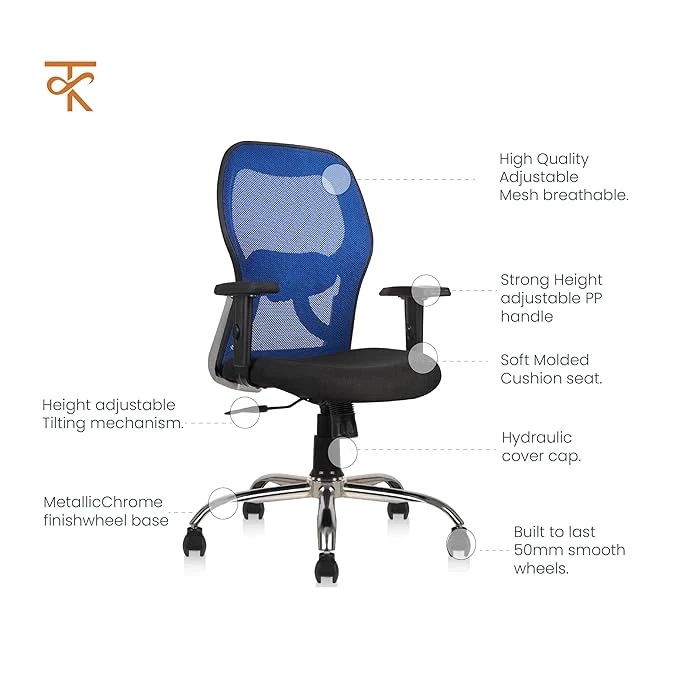 Matrix Mid Back Mesh Office Chair - Ergonomic with Adjustable Armrest & Tilt Lock, Height Adjustable, 6 Months Warranty (Blue) - Image 4