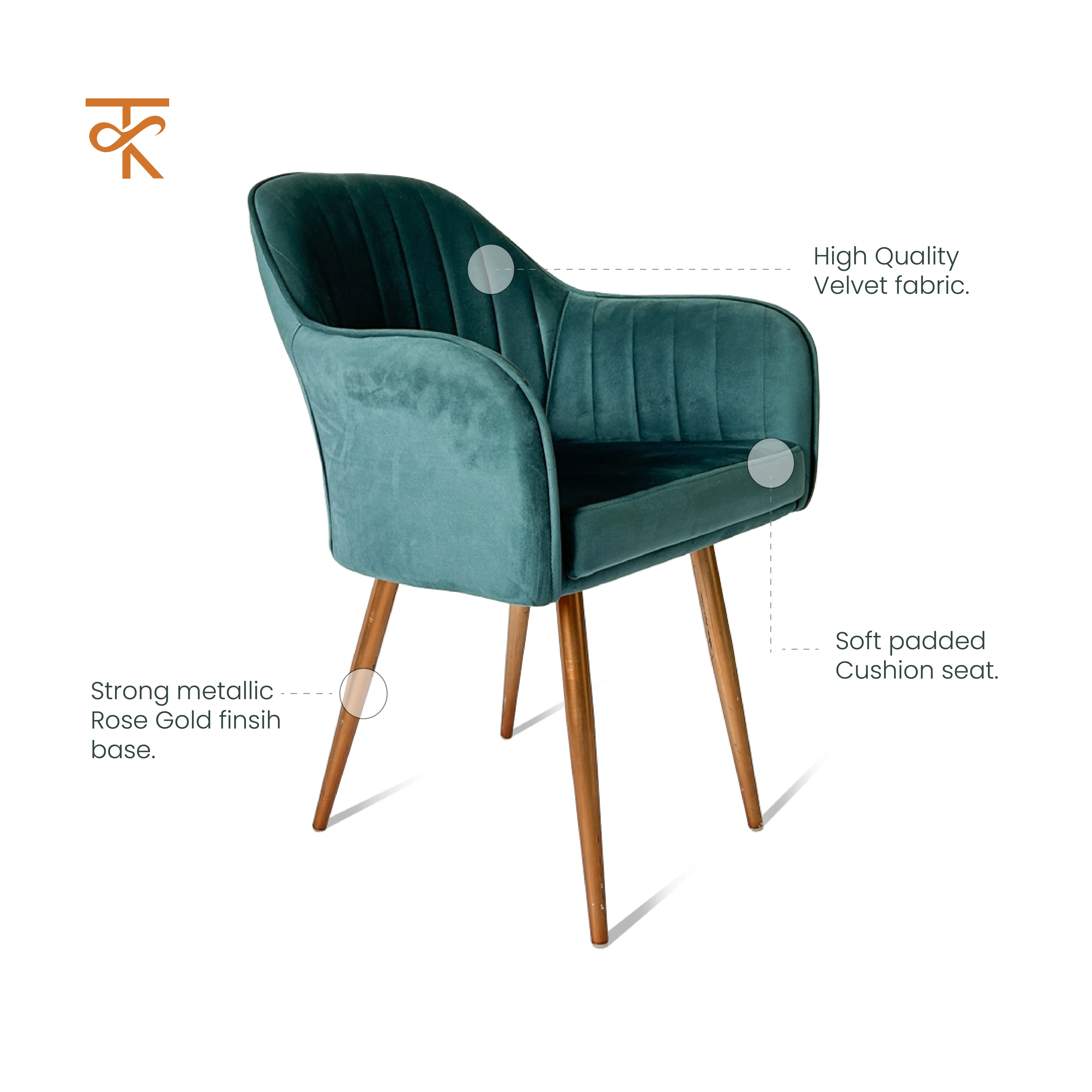 Morni Cafe Chair - Stylish Velvet Fabric with Cushioned Seat, for Home Décor & Restaurant- Heavy-Duty Rose Gold Legs , 6 Months Warranty (Pack of 1) - Image 4