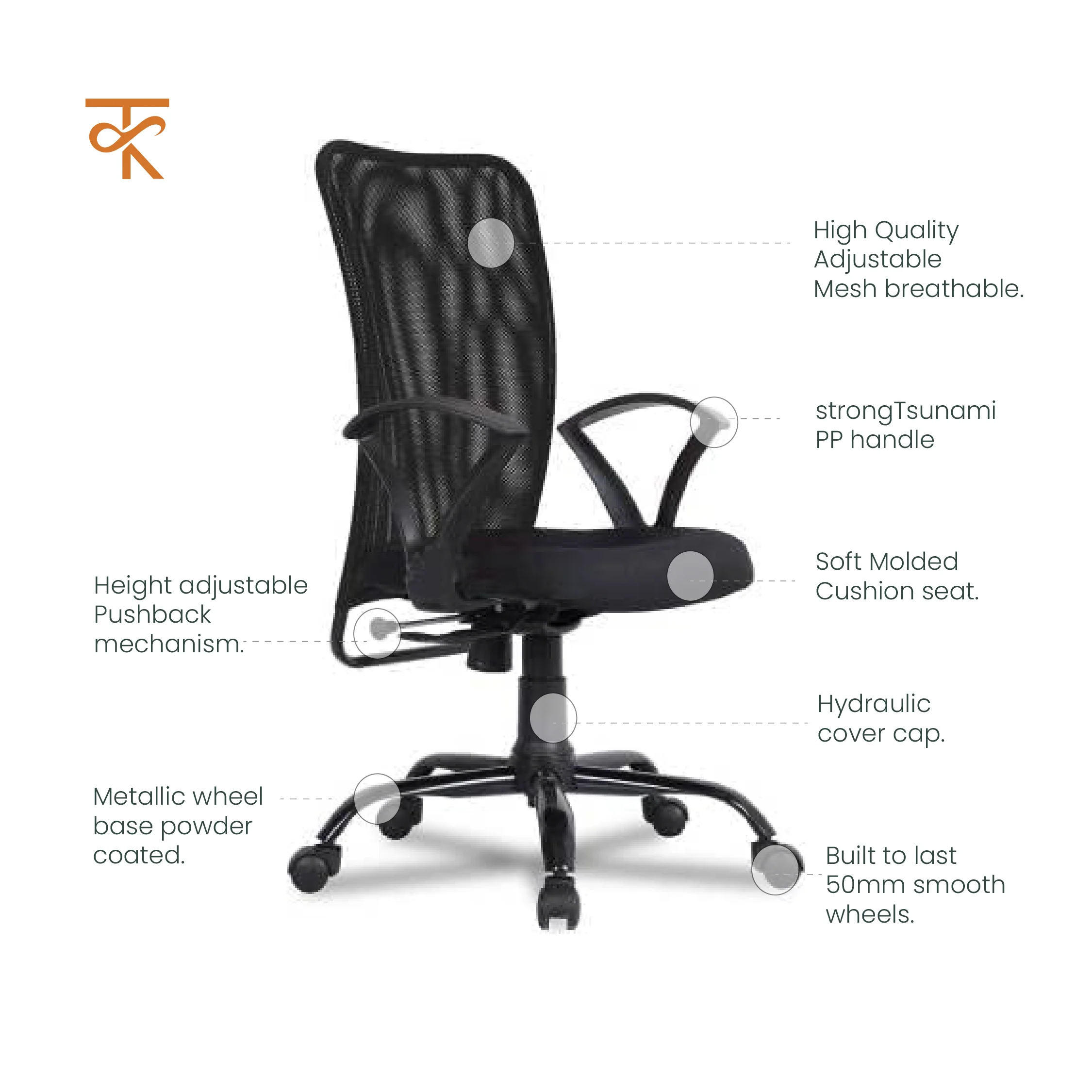 Ohio Sigma High Back Erogonomic Office Chair- Adjustable & Comfortable Mesh Chair with 135° Recline (Black) - Image 4