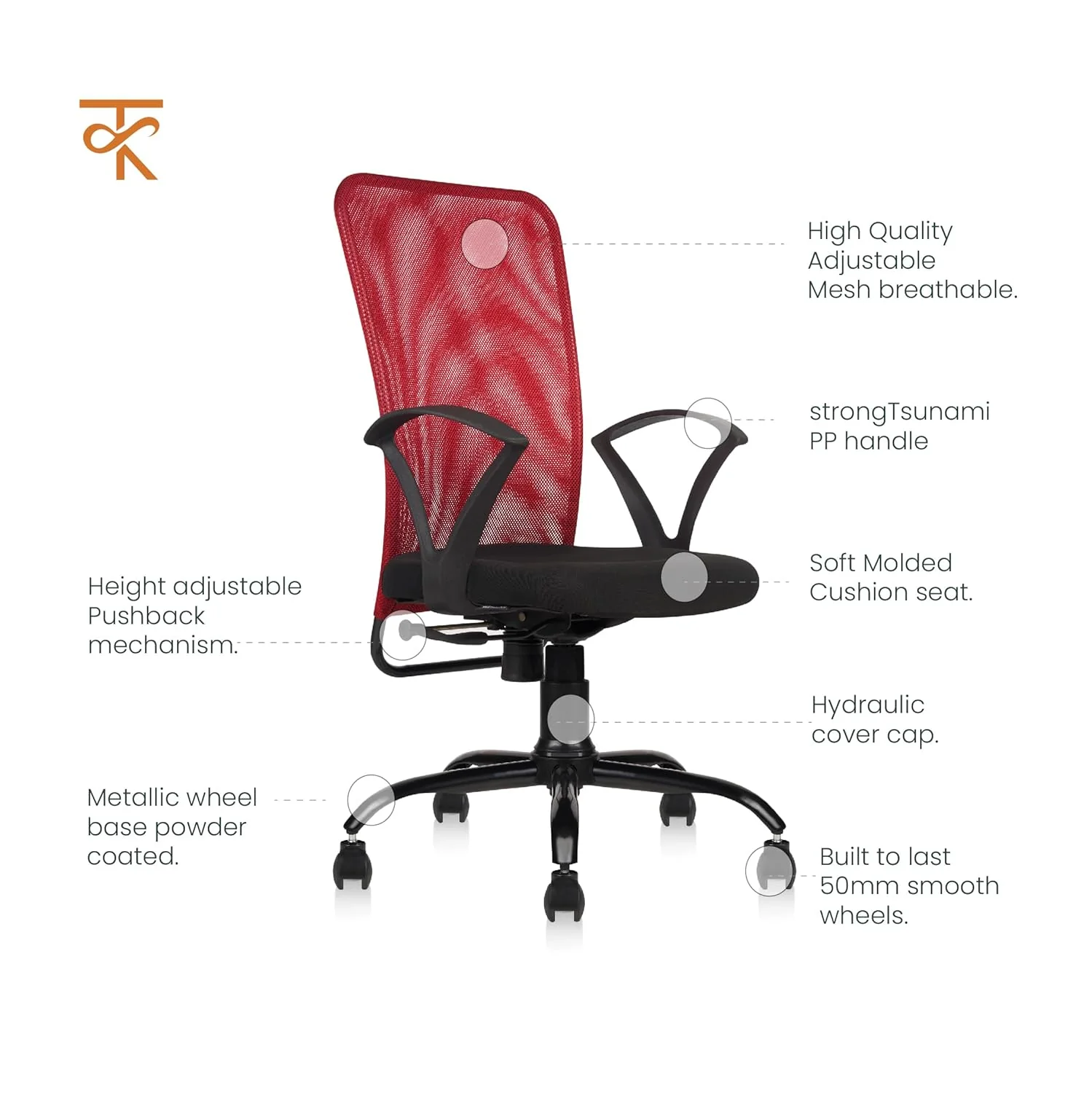 Ohio Sigma High Back Erogonomic Office Chair- Adjustable & Comfortable Mesh Chair with 135° Recline (Red) - Image 4