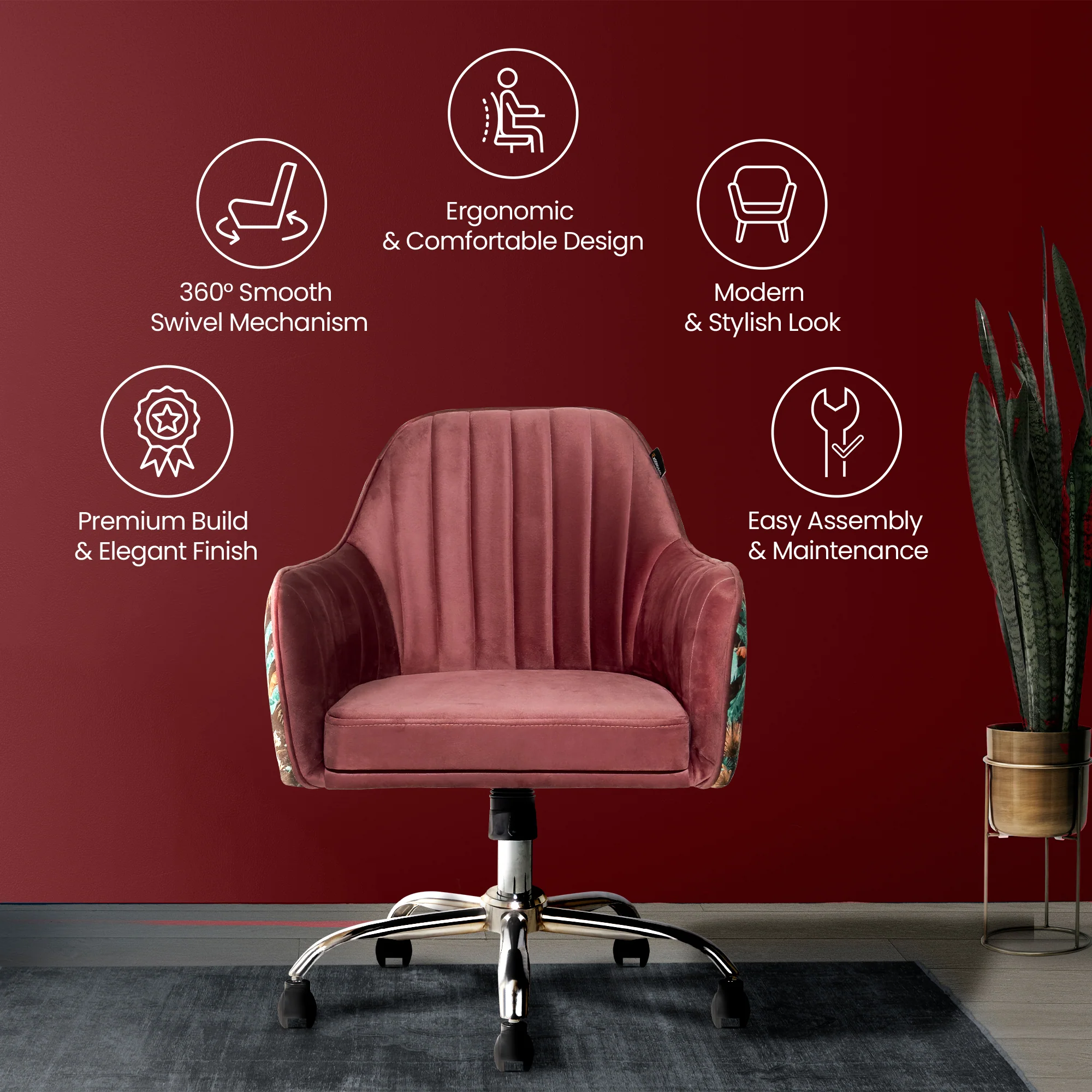 Sherni Accent Chair For Office - Adjustable Height, Tilt Lock, 360° Swivel, Heavy Duty Metal Base (Mauve Pink) - Image 4